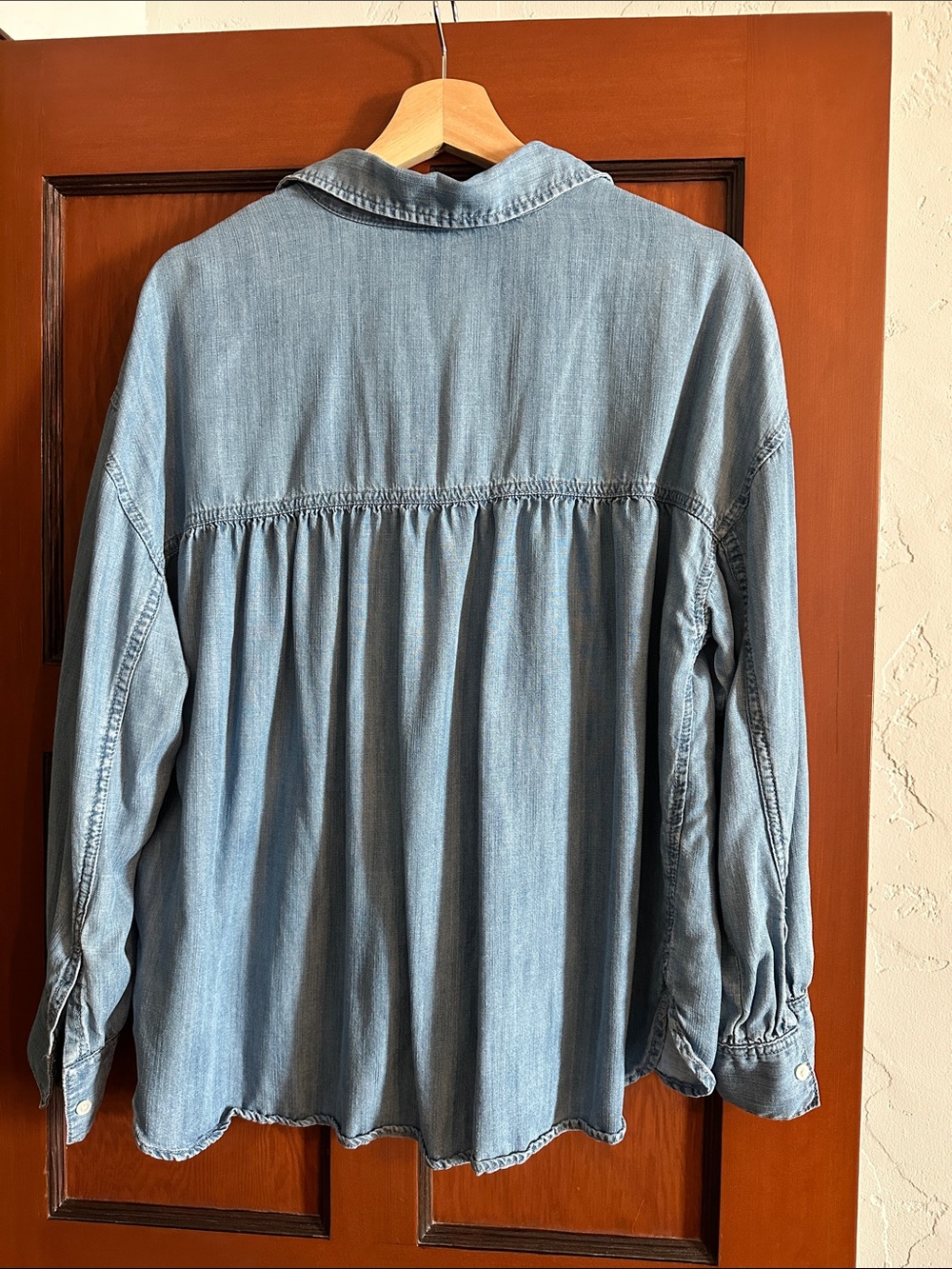Light Wash Denim Button-Up Shirt - Casual Women’s Shirt - Picture 2 of 3